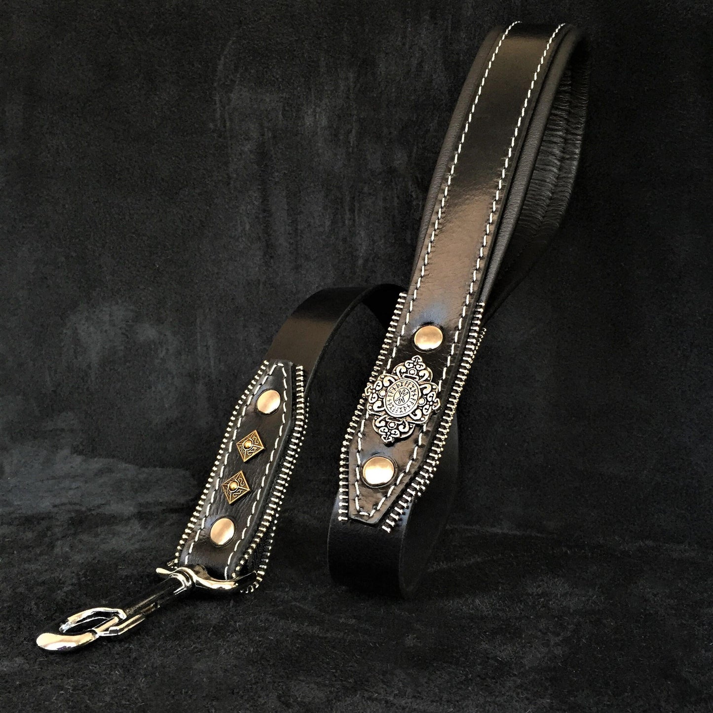 Aztec black leather dog leash for giant breed dogs