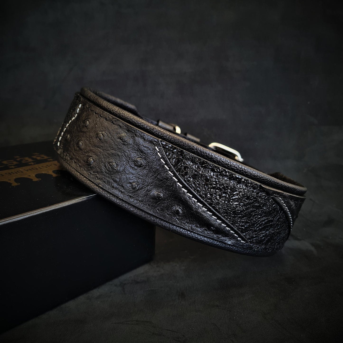 Korona black premium leather dog collar designed for large and giant breed dogs with reinforced hardware