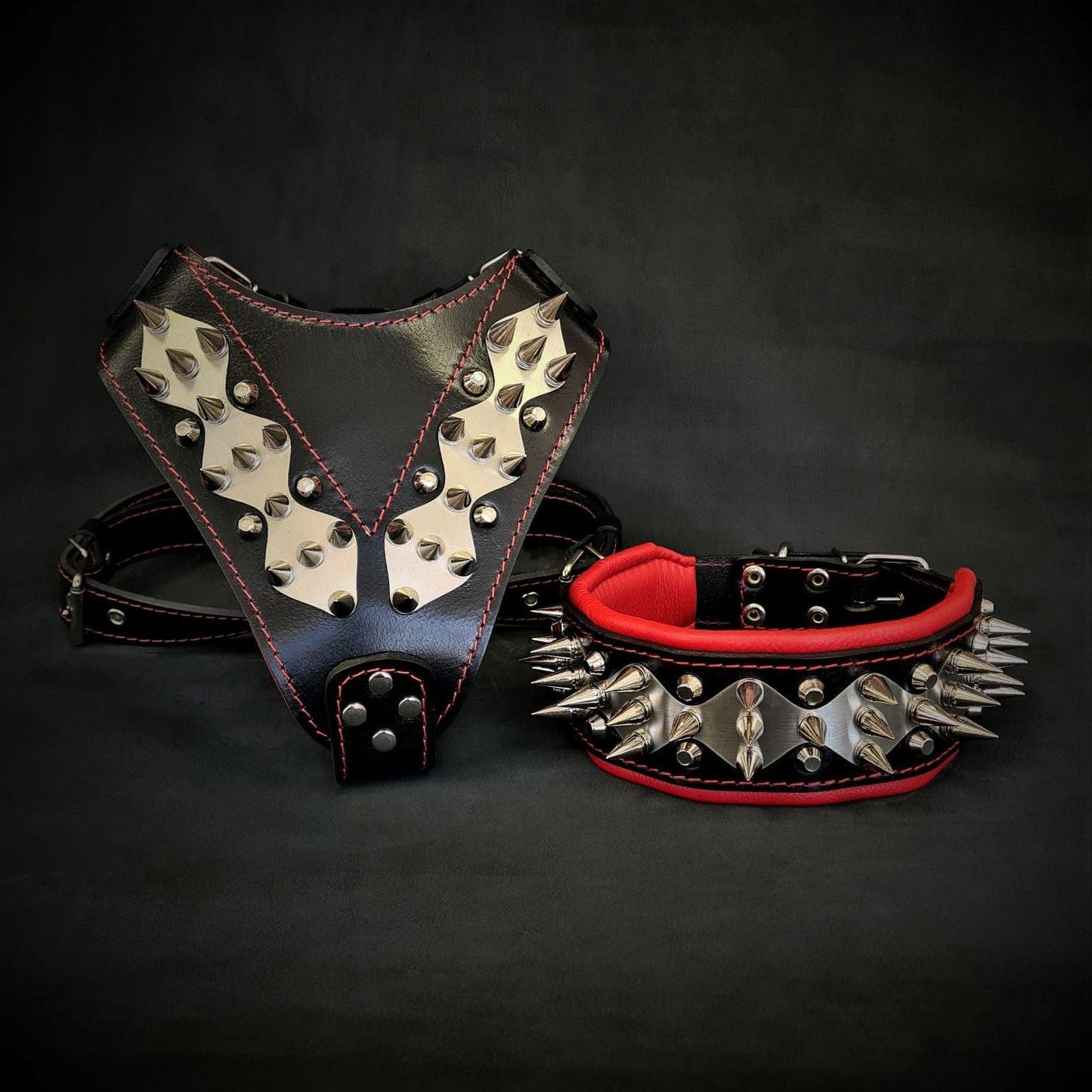 Steel premium leather dog collar and harness set for large and giant breed dogs with reinforced metal hardware