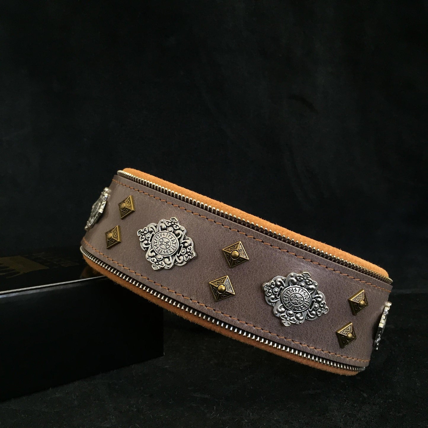 Aztec grey leather dog collar for giant breed dogs