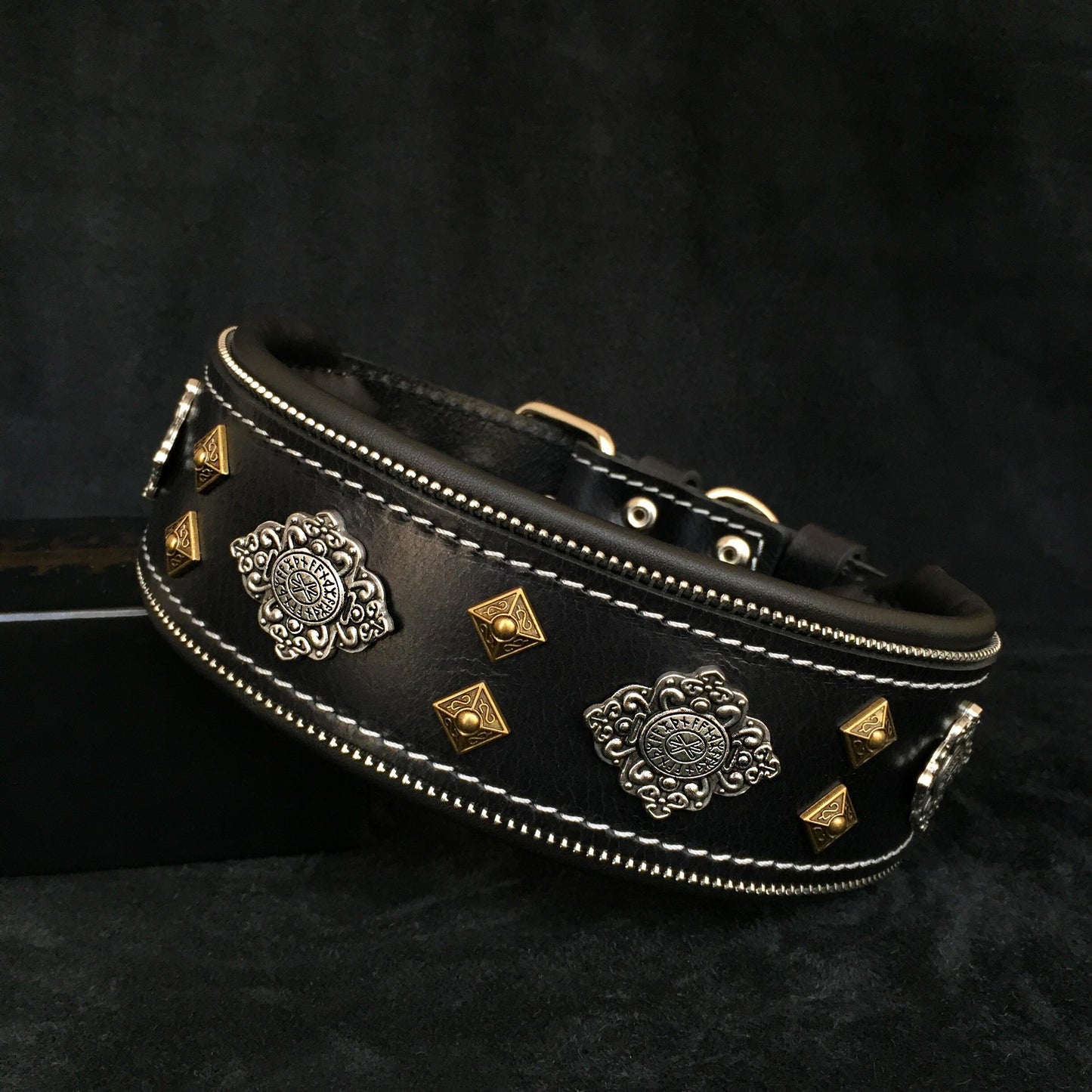 Aztec black leather dog collar for giant breed dogs