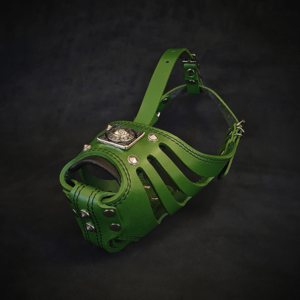Eros green leather dog muzzle for giant breed dogs handcrafted in Europe