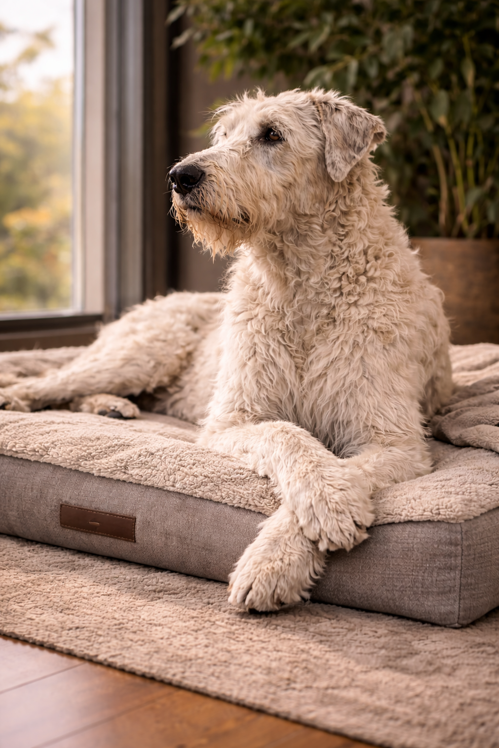 Irish Wolfhound resting on orthopedic dog bed for joint support