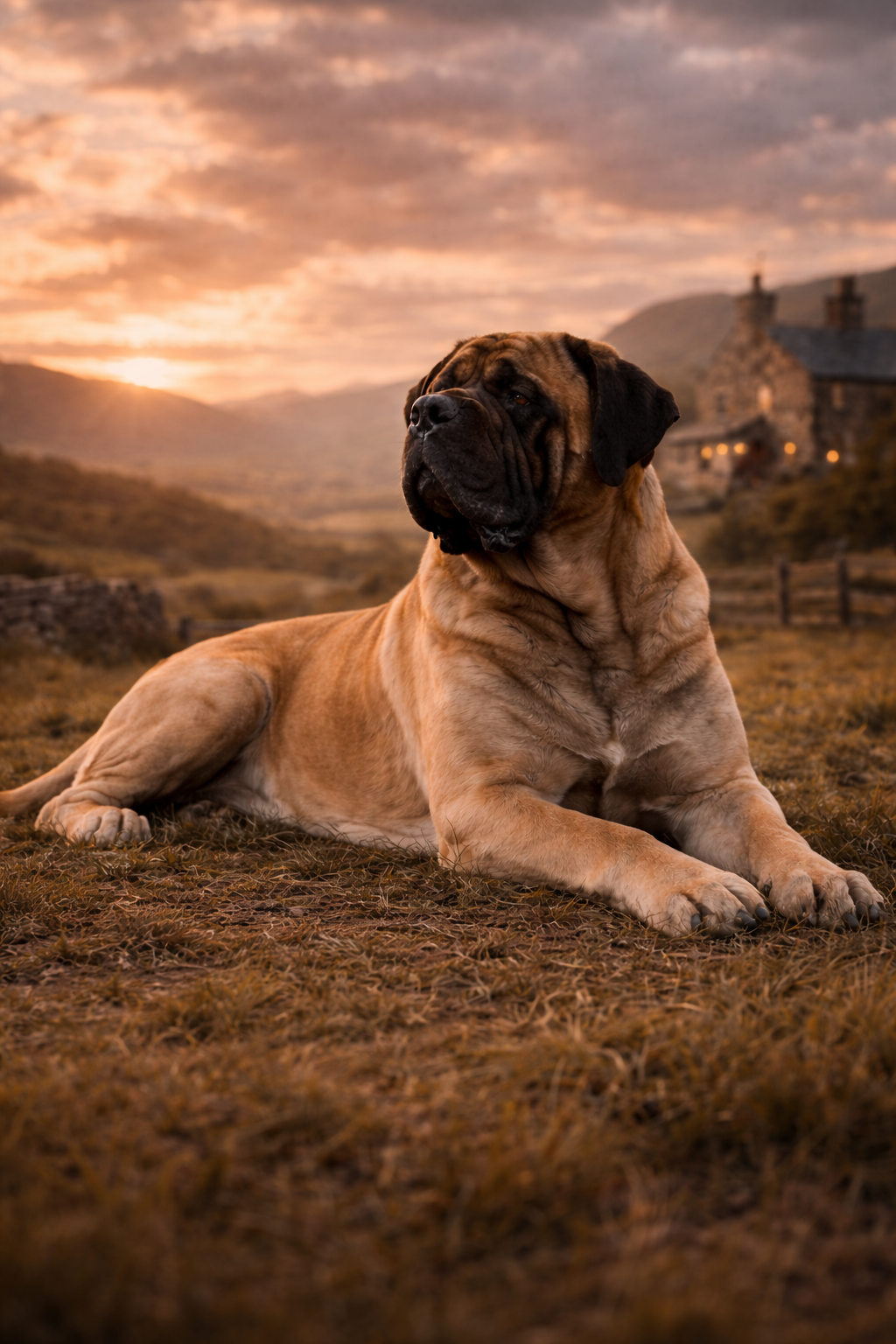 English Mastiff resting calmly after exercise in natural environment