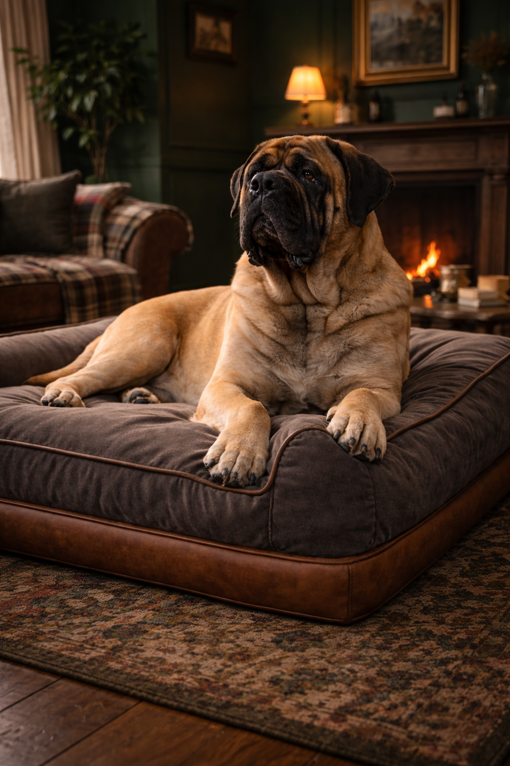 English Mastiff resting on orthopedic dog bed for joint support