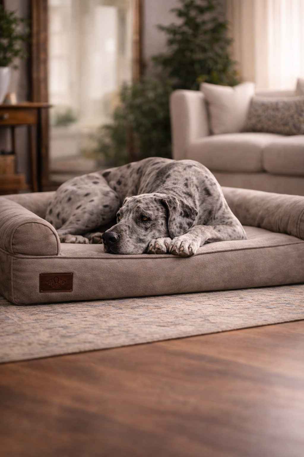 Great Dane resting on orthopedic dog bed for joint support