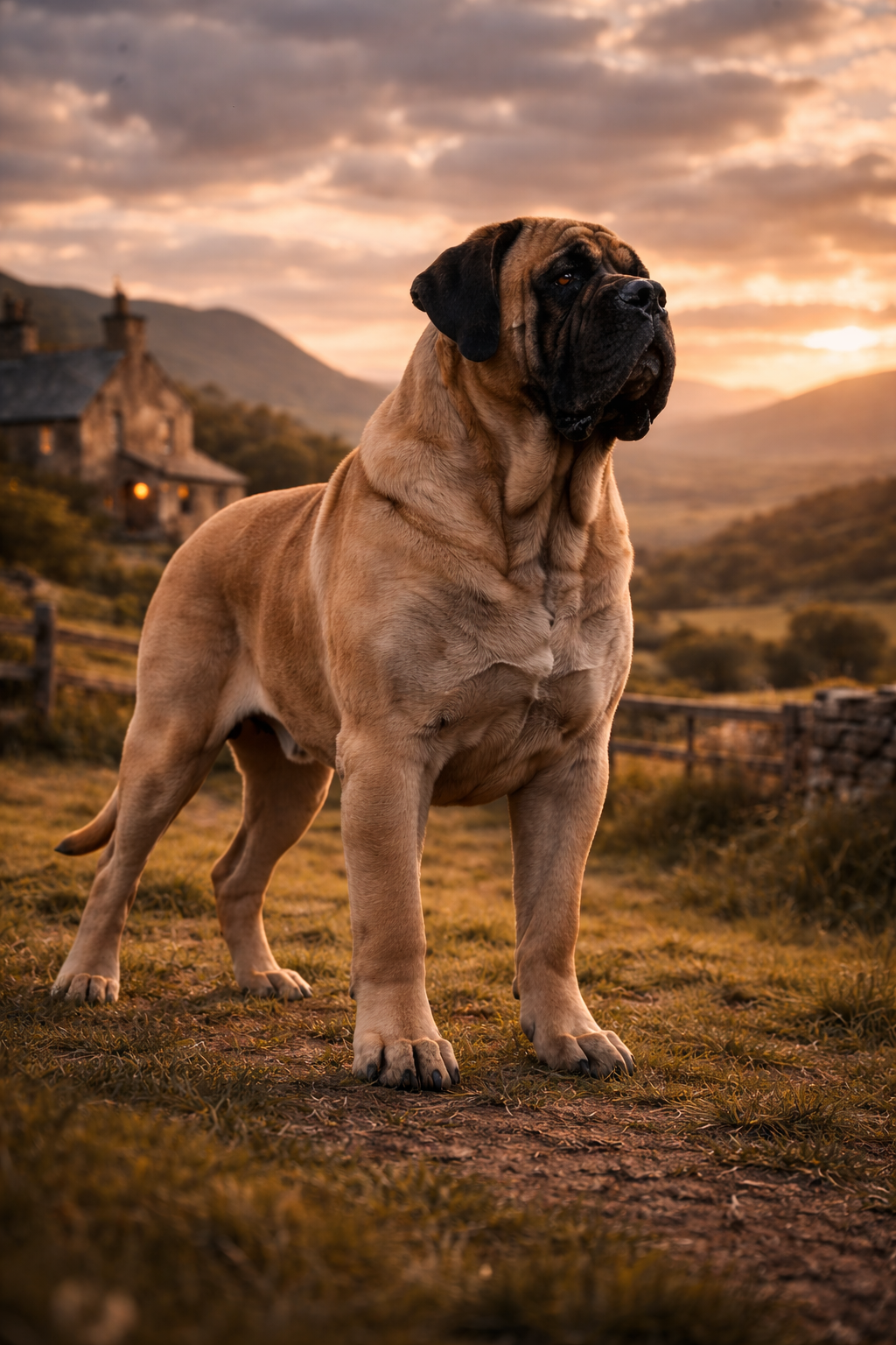 English Mastiff full body profile showing massive giant breed structure