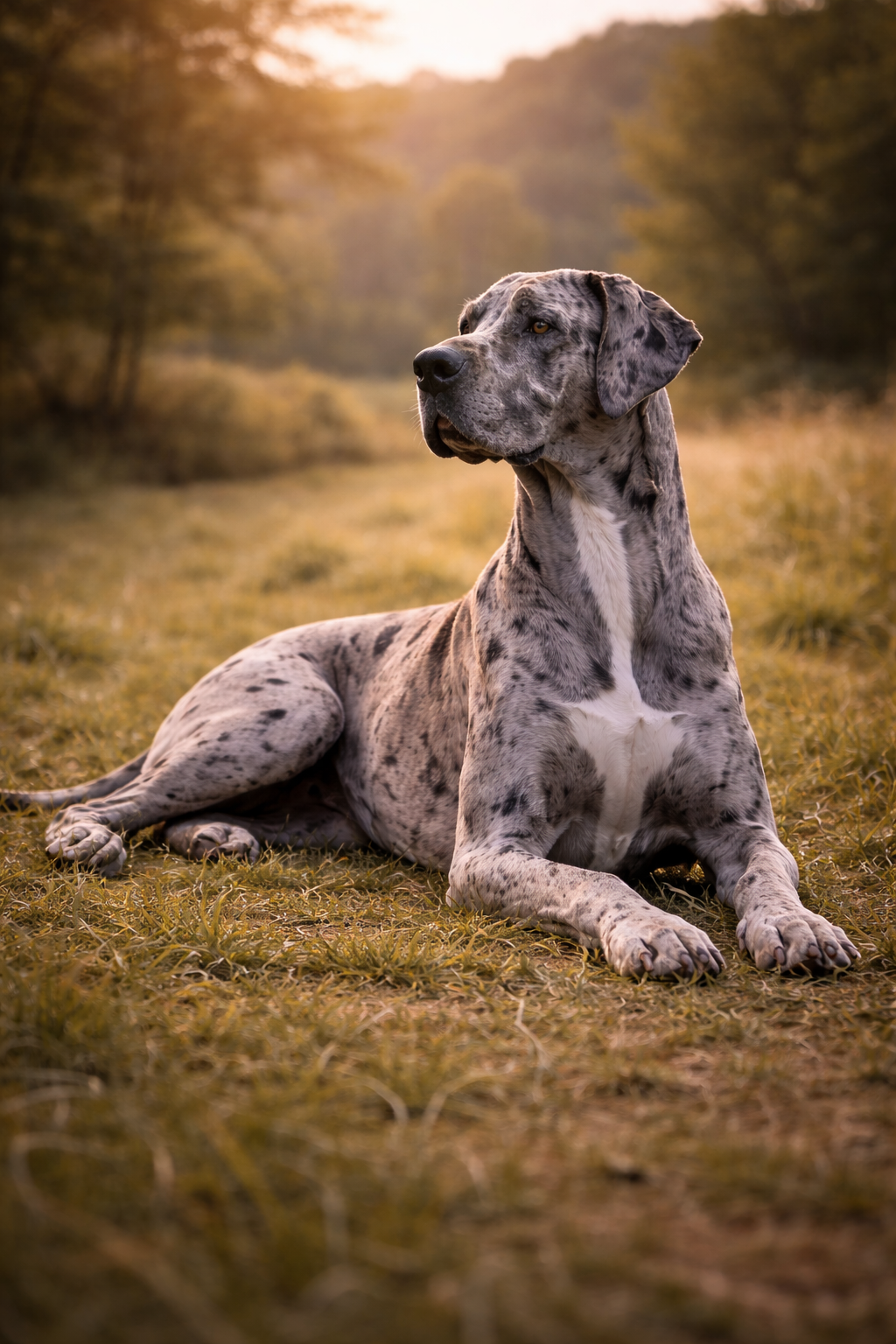 Great Dane resting calmly after exercise in natural environment