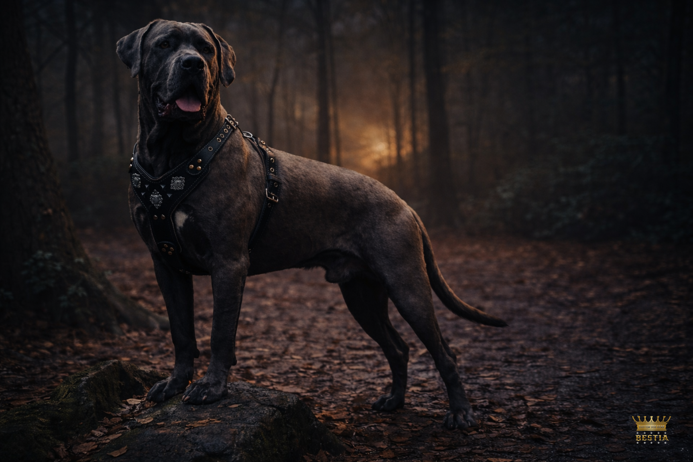 Great Dane wearing a premium leather collar designed for control and durability in giant breed dogs