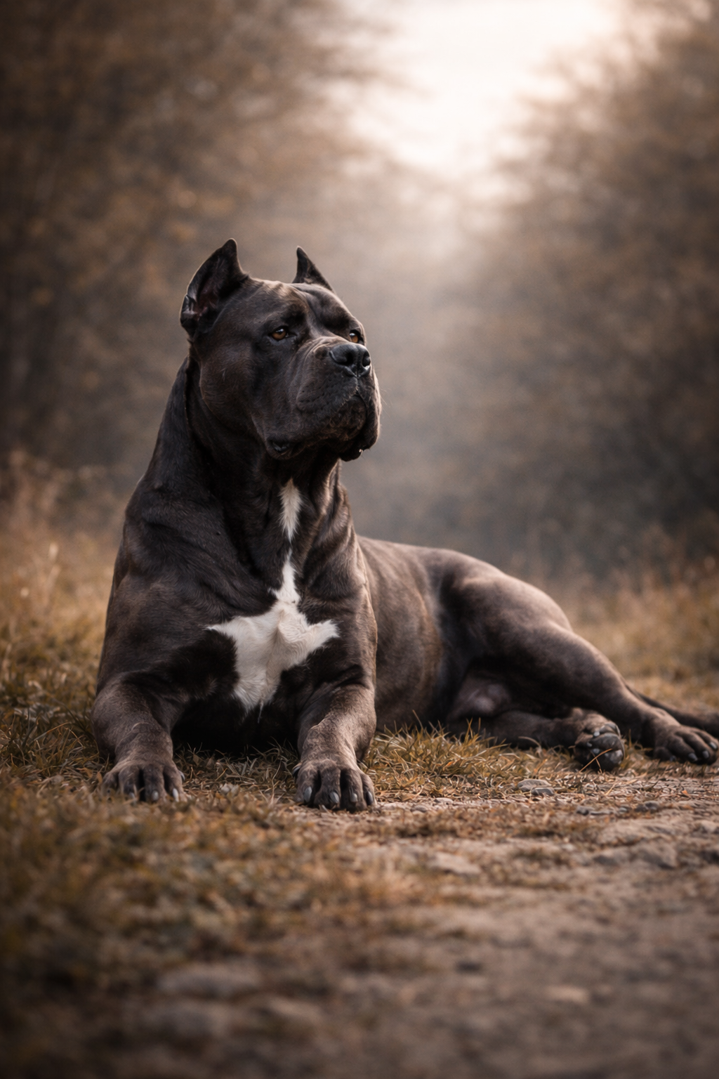 Cane Corso resting calmly after exercise in natural outdoor environment