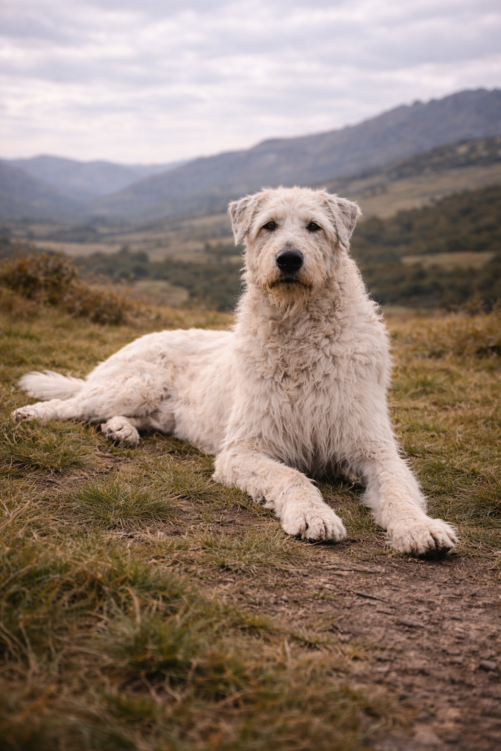 Irish Wolfhound resting calmly after exercise in natural environment