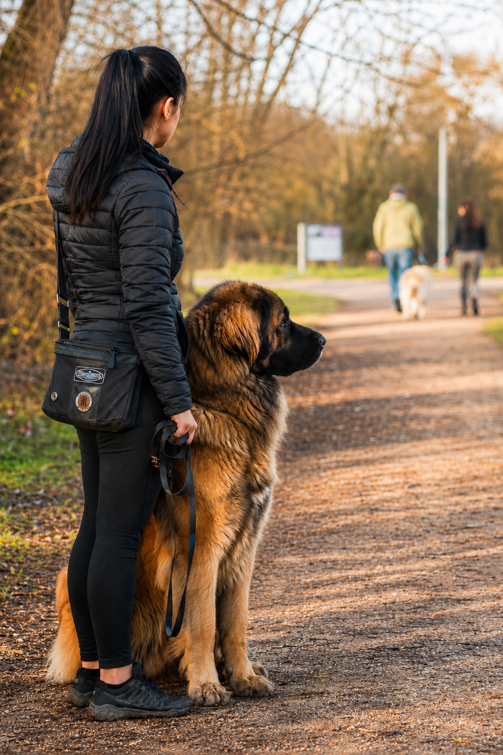 Large Leonberger practicing calm behavior and impulse control around distractions during behavioral training