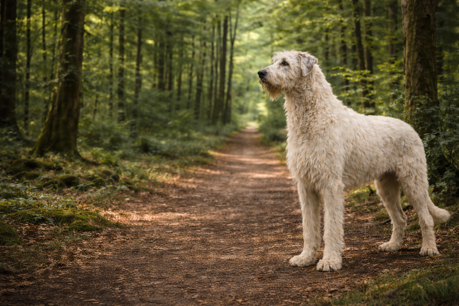 Irish Wolfhound giant breed dog standing tall in natural landscape