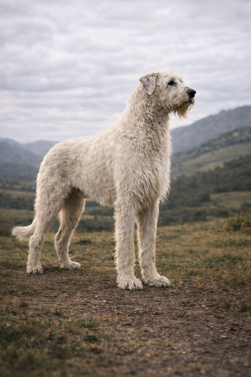 Irish Wolfhound full body profile showing tall giant breed structure