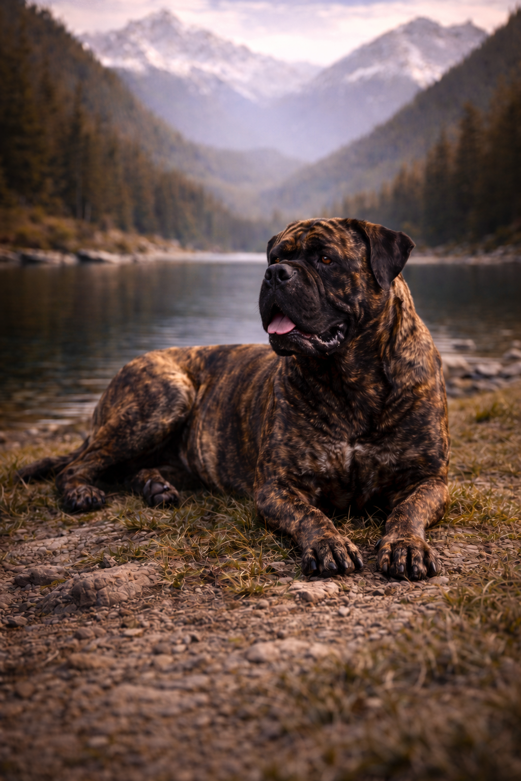 Bullmastiff resting calmly after exercise in natural environment
