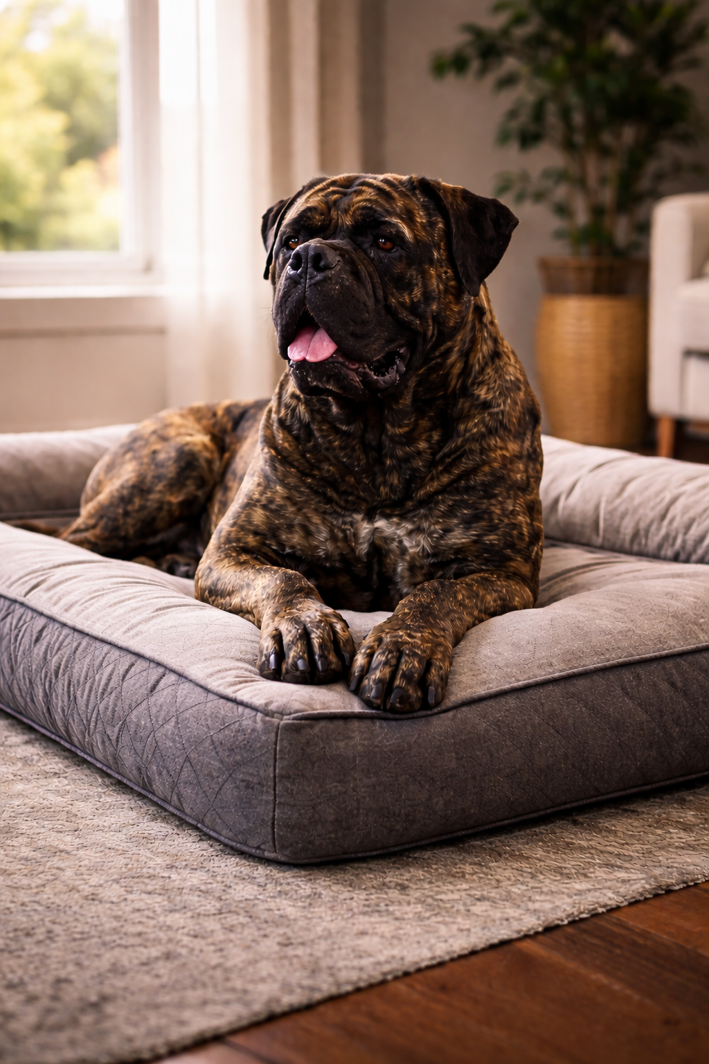 Bullmastiff resting on orthopedic dog bed for joint support