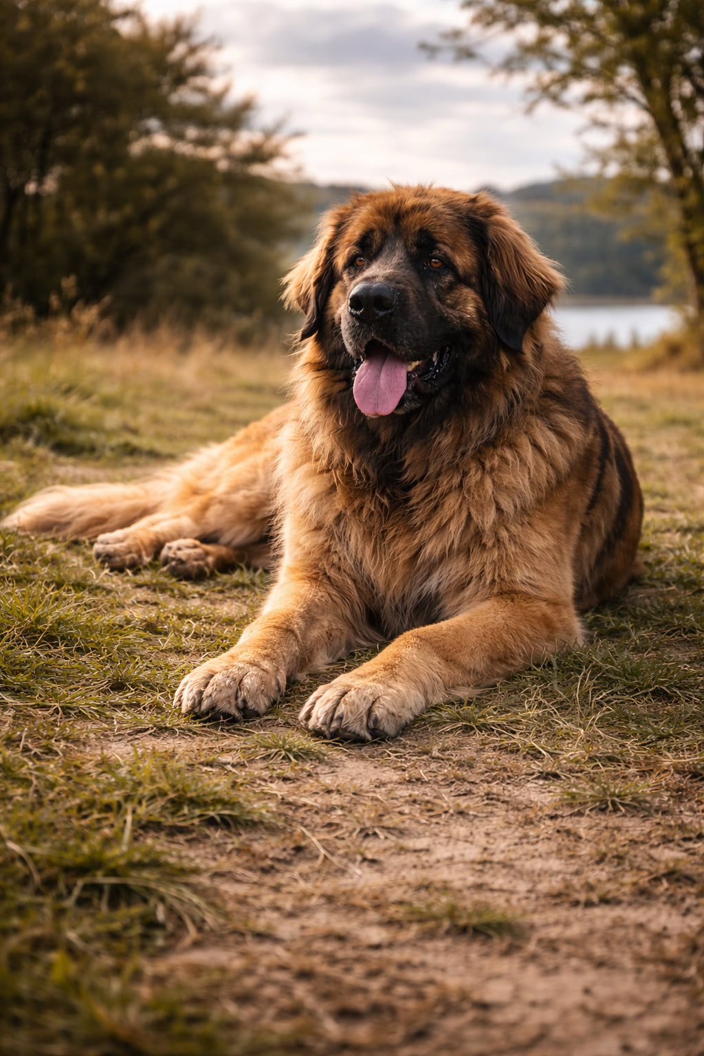 Large giant breed dog resting calmly after exercise outdoors
