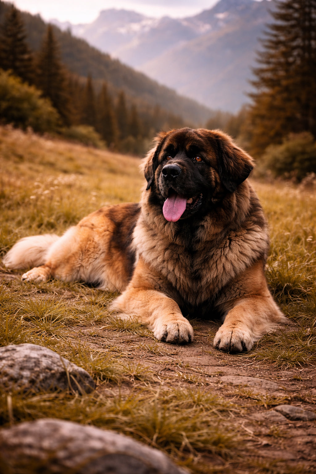 Leonberger resting calmly after exercise in natural environment