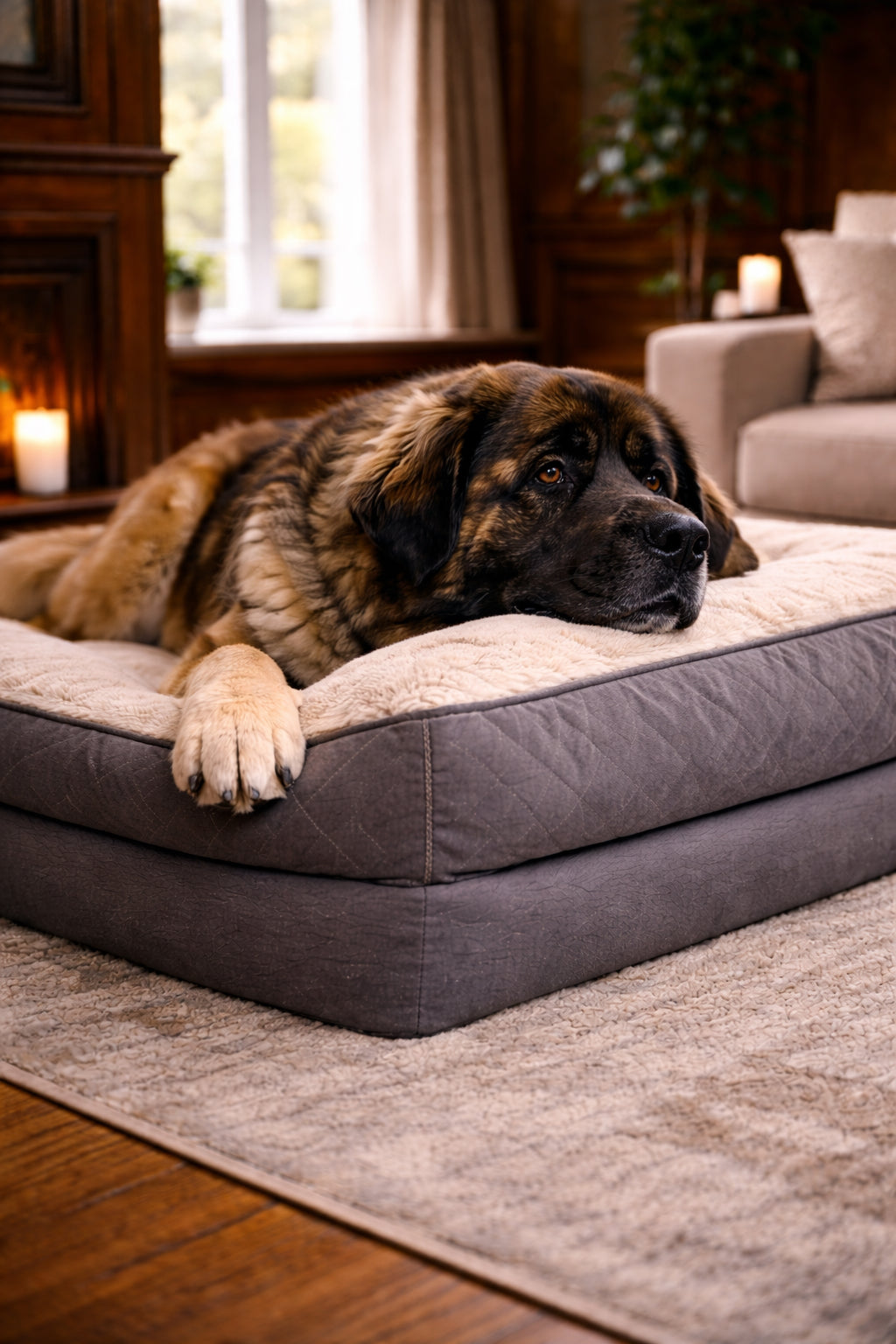 Leonberger resting on orthopedic dog bed for joint support