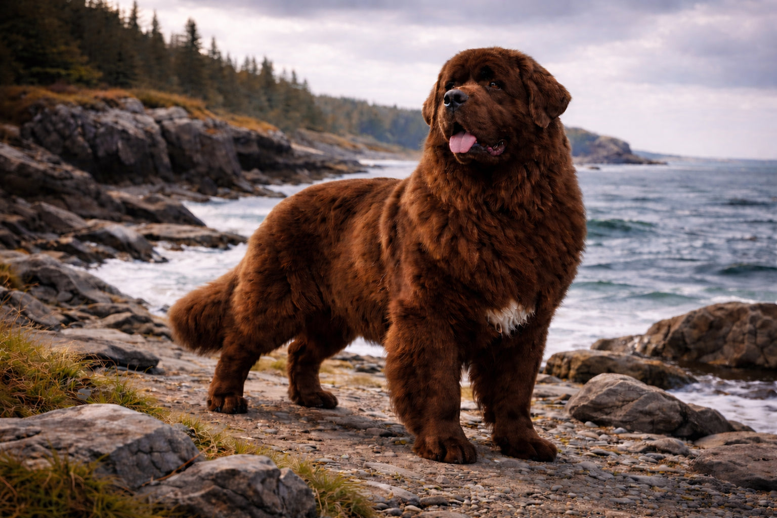 Newfoundland giant breed dog standing near water in natural environment