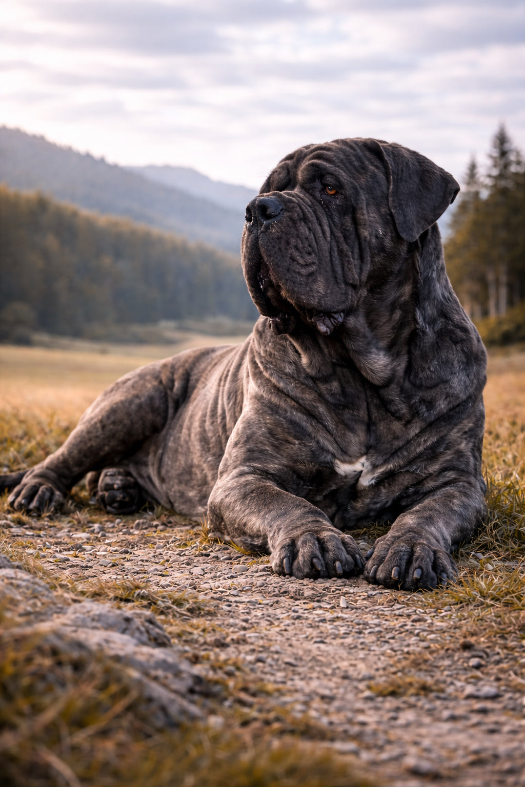 Neapolitan Mastiff resting calmly after exercise in natural environment