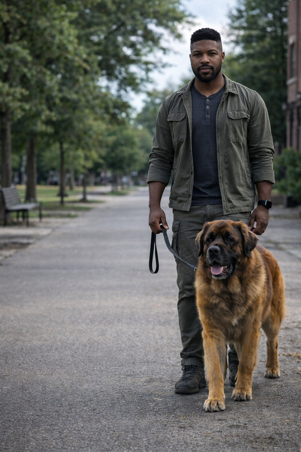 bullmastiff leash training with male handler demonstrating calm control and structured walking behavior