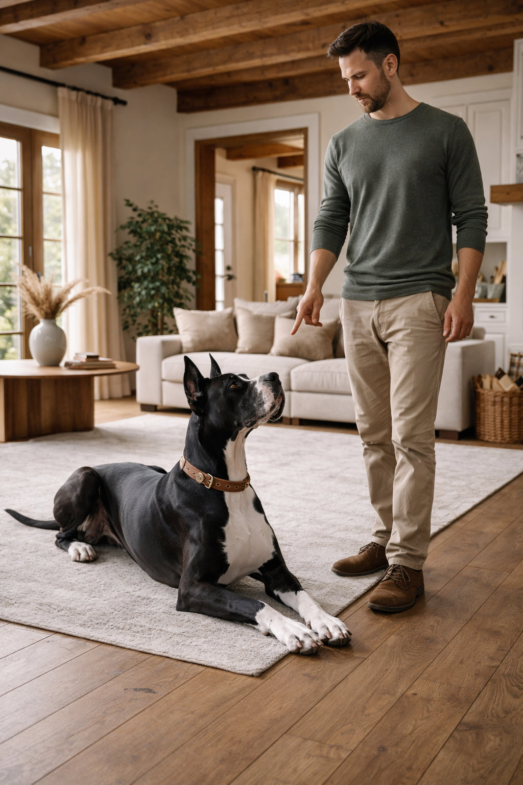 great dane lying calmly indoors responding to training signal focused obedience behavior modern home