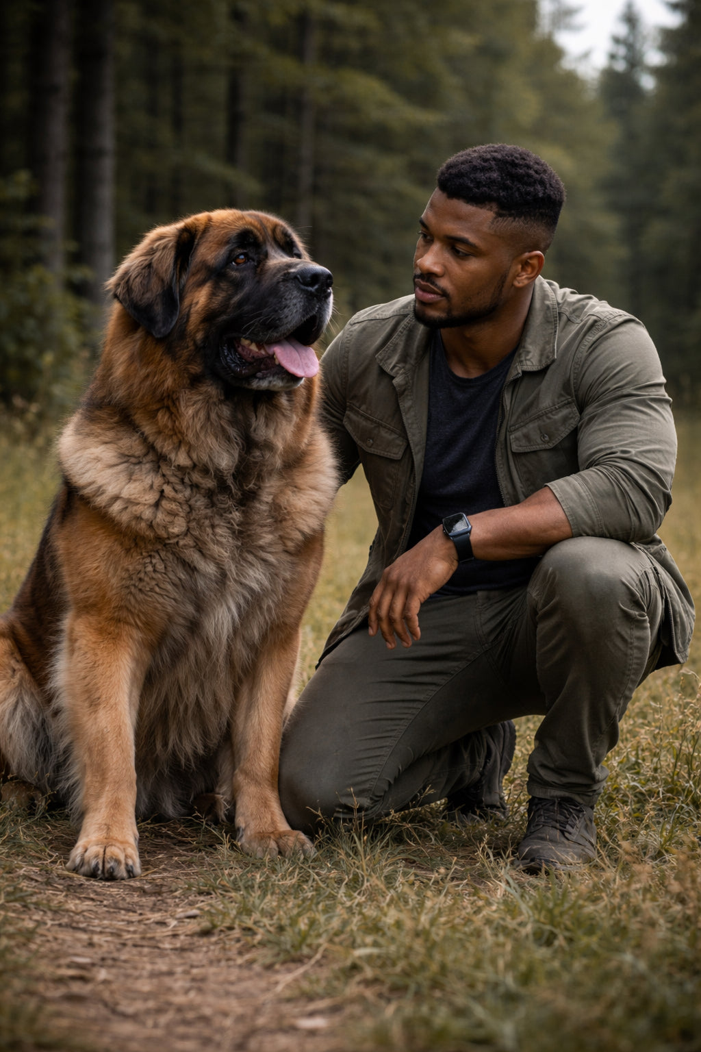 man and large dog building trust through calm structured training in natural outdoor environment