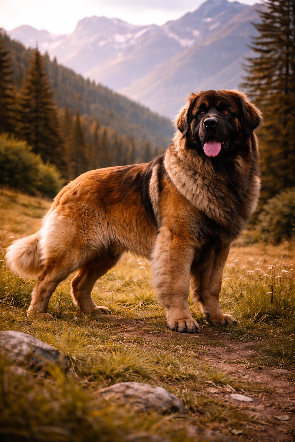Leonberger full body profile showing massive fluffy giant breed structure