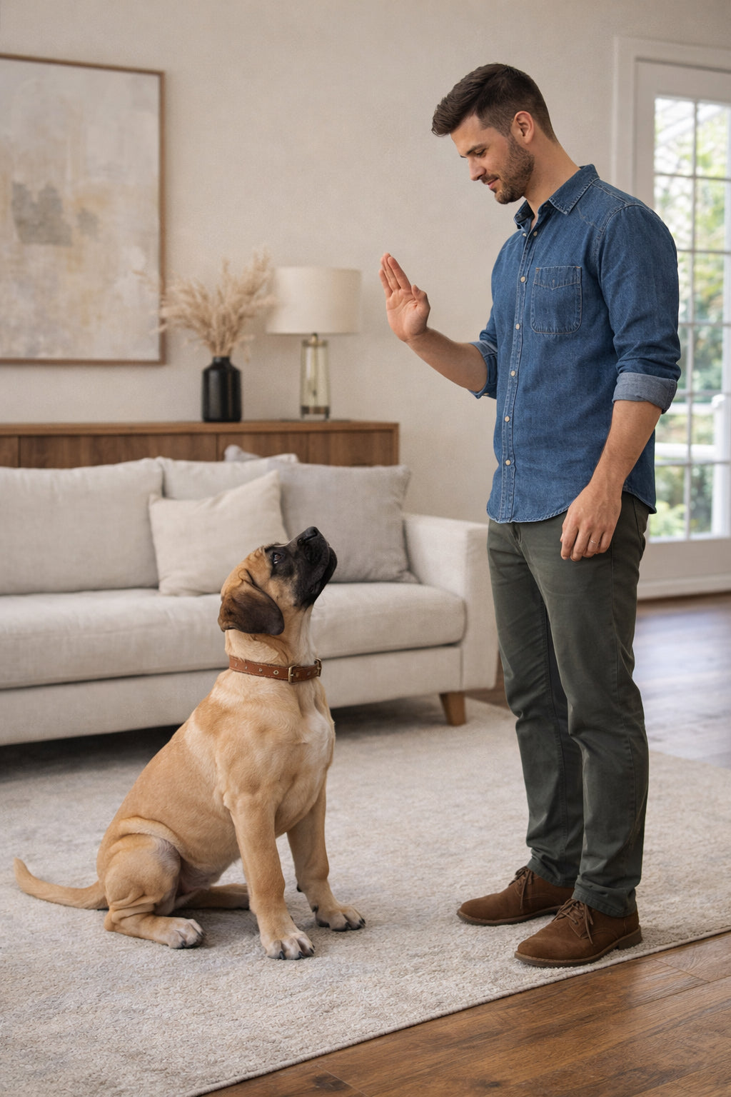 mastiff puppy responding to training signal indoors focused early training moment