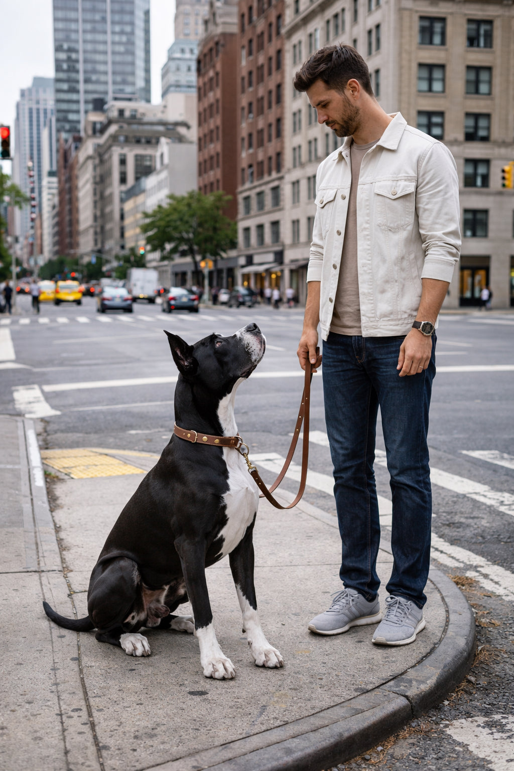 great dane sitting calmly next to owner in city environment focused obedience training with distractions