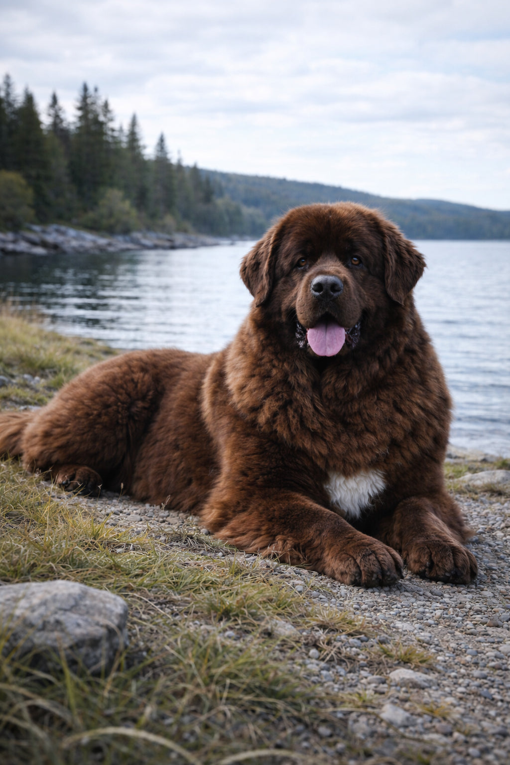 Newfoundland dog resting calmly after exercise near water