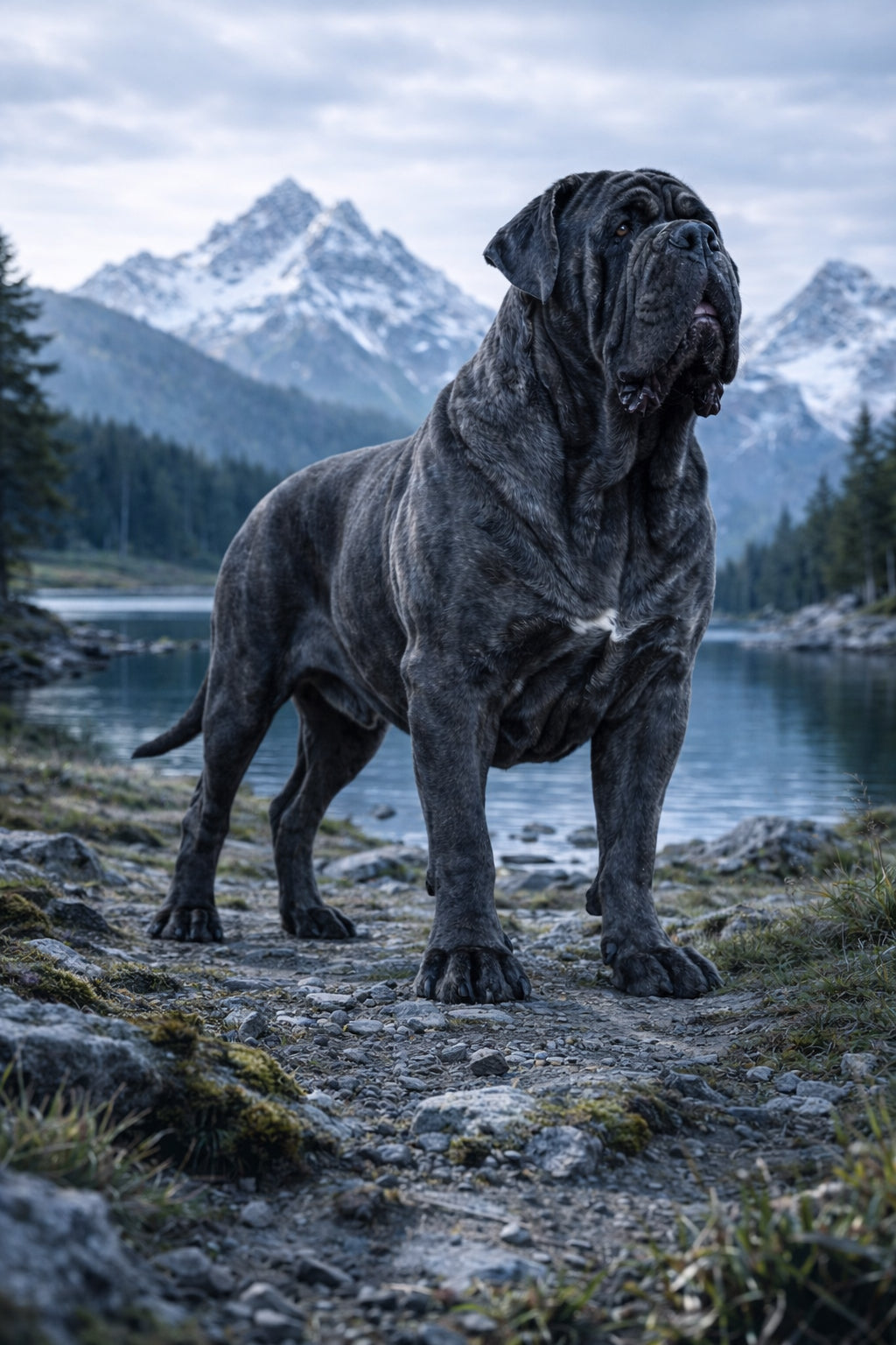 Neapolitan Mastiff full body profile showing massive guardian breed structure