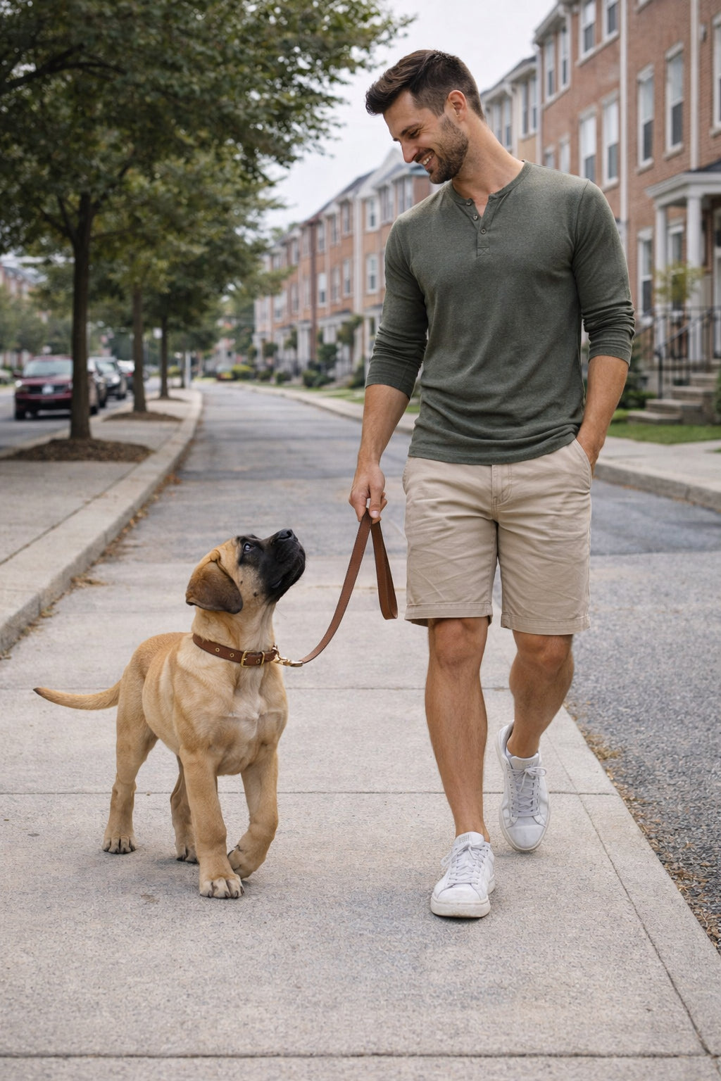 mastiff puppy walking next to owner early leash training calm controlled behavior outdoor