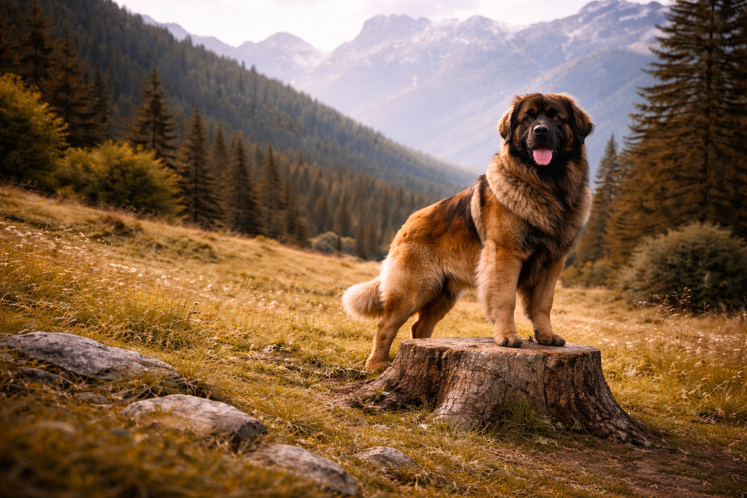 Leonberger giant breed dog standing proudly in natural landscape