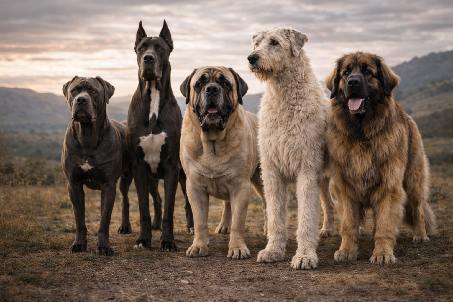 Group of giant breed dogs including mastiff great dane and cane corso standing outdoors
