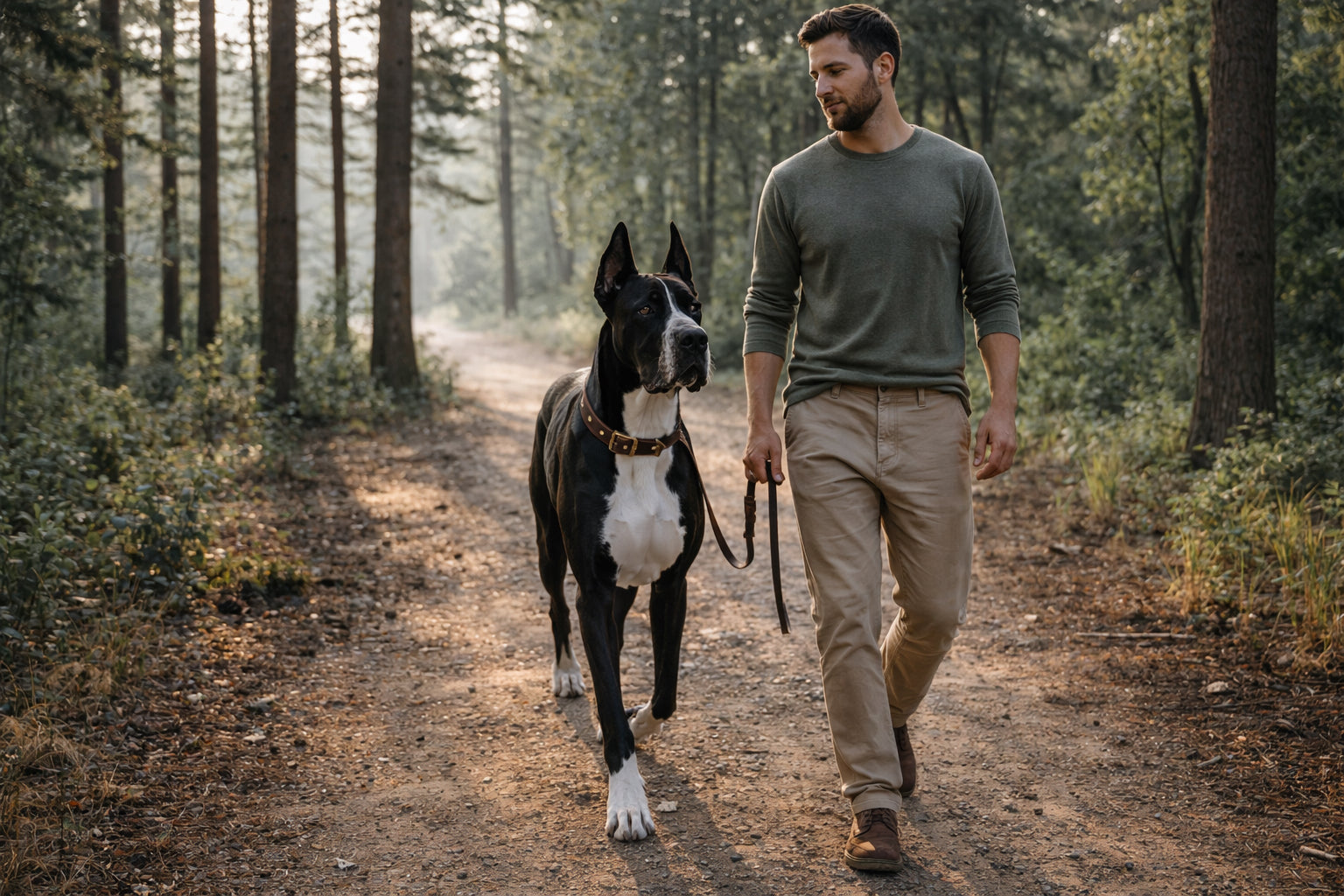 great dane walking in heel position next to male owner on forest path calm obedience training morning light