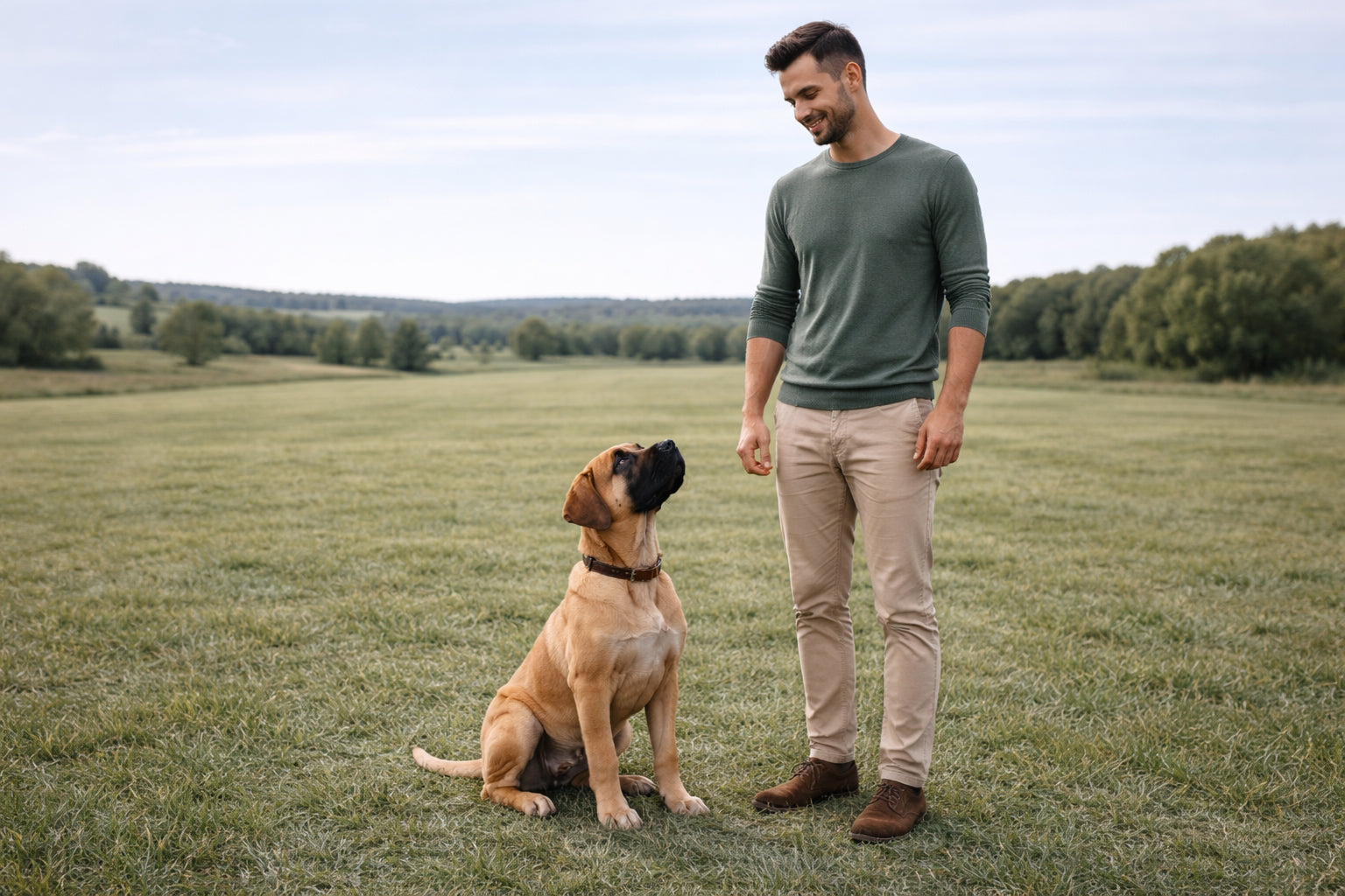 mastiff puppy sitting next to owner in open field early training calm attentive behavior