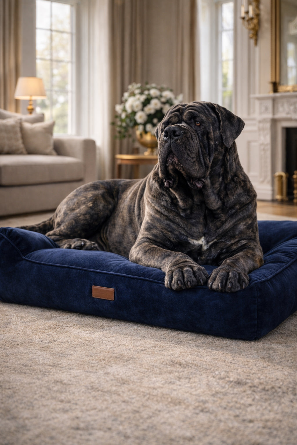 Neapolitan Mastiff resting on orthopedic dog bed for joint support
