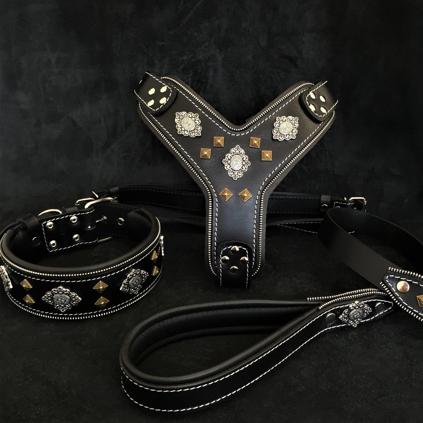 Aztec black leather dog harness collar leash set for giant breed dogs