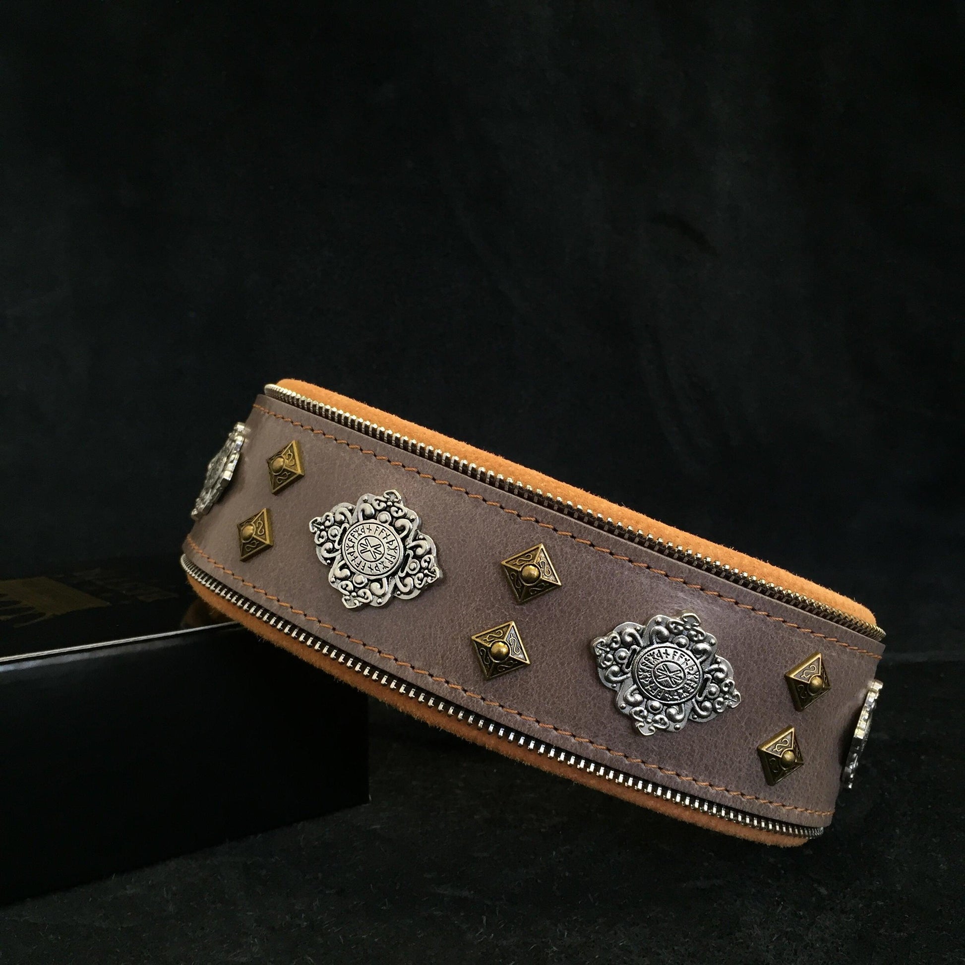 Aztec grey leather dog collar for giant breed dogs