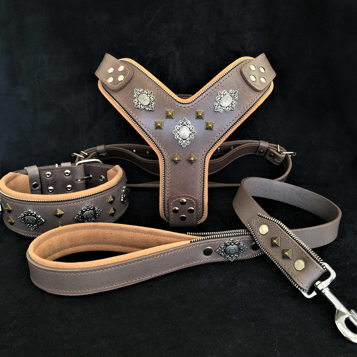 Aztec grey leather dog harness collar leash set for giant breed dogs
