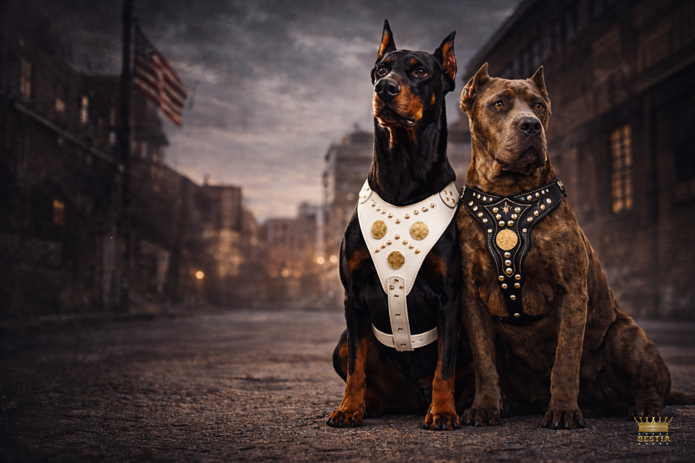 Doberman and Cane Corso wearing premium leather harnesses for giant breed dogs