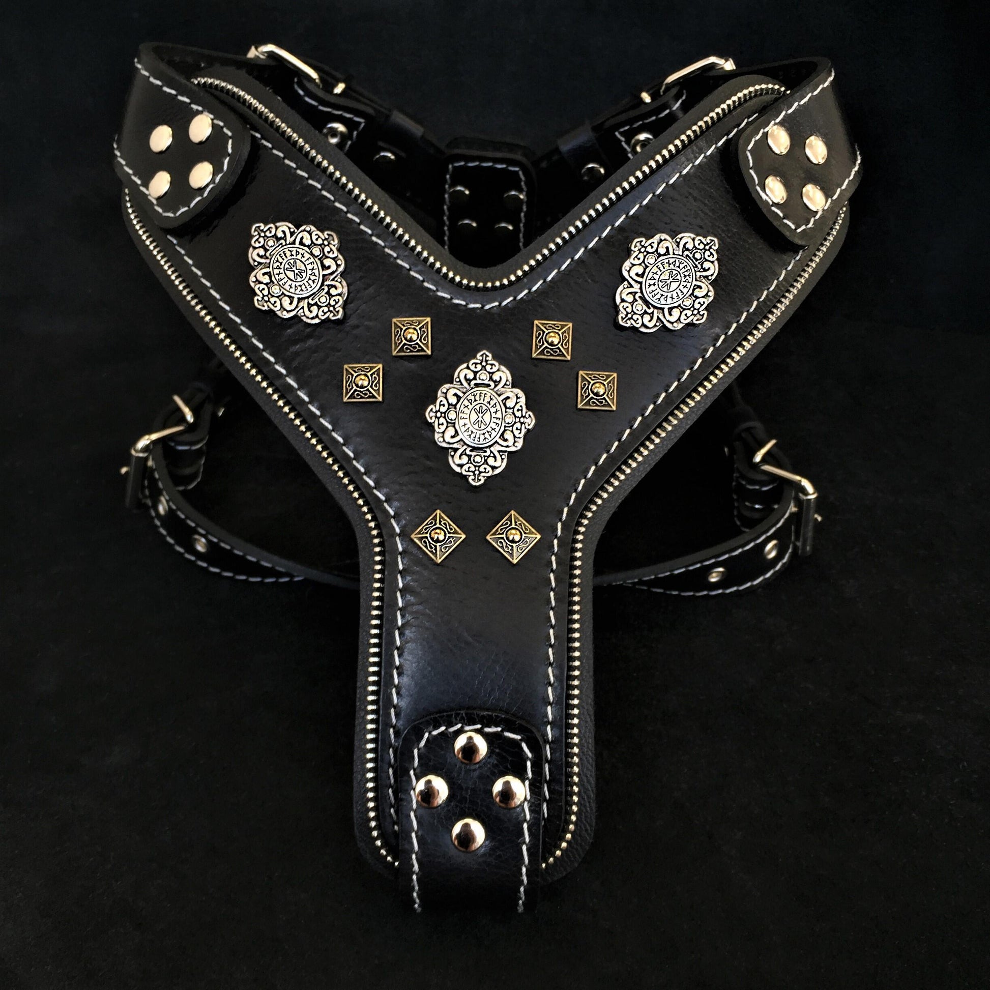 Aztec black leather dog harness for giant breed dogs